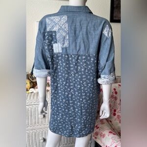 American Eagle Linen Blend Chambray Blue/White Patchwork Oversized Shirt Size S